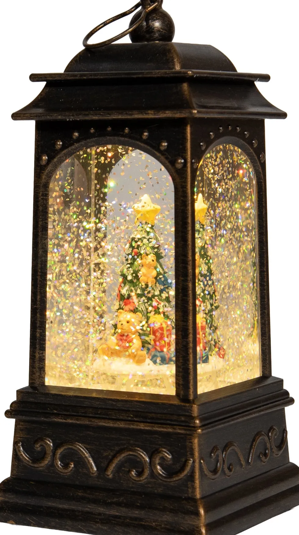 Anna's Collection automatische sneeuwbol lantaarn kerstboom bruin met verlichting 13 x 13 x 25,5 cm