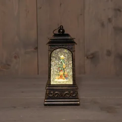 Anna's Collection automatische sneeuwbol lantaarn kerstboom bruin met verlichting 13 x 13 x 25,5 cm