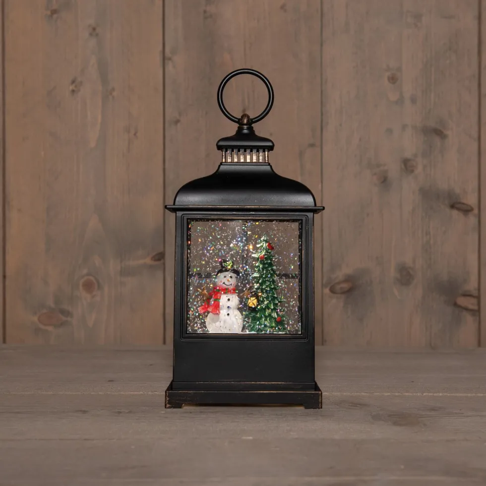 Anna's Collection automatische sneeuwbol lantaarn sneeuwpop zwart met verlichting 11 x 15,5 x 27 cm