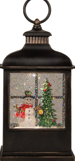 Anna's Collection automatische sneeuwbol lantaarn sneeuwpop zwart met verlichting 11 x 15,5 x 27 cm