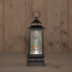 Anna's Collection automatische sneeuwbol lantaarn sneeuwpop zwart met verlichting 15 x 15 x 29 cm