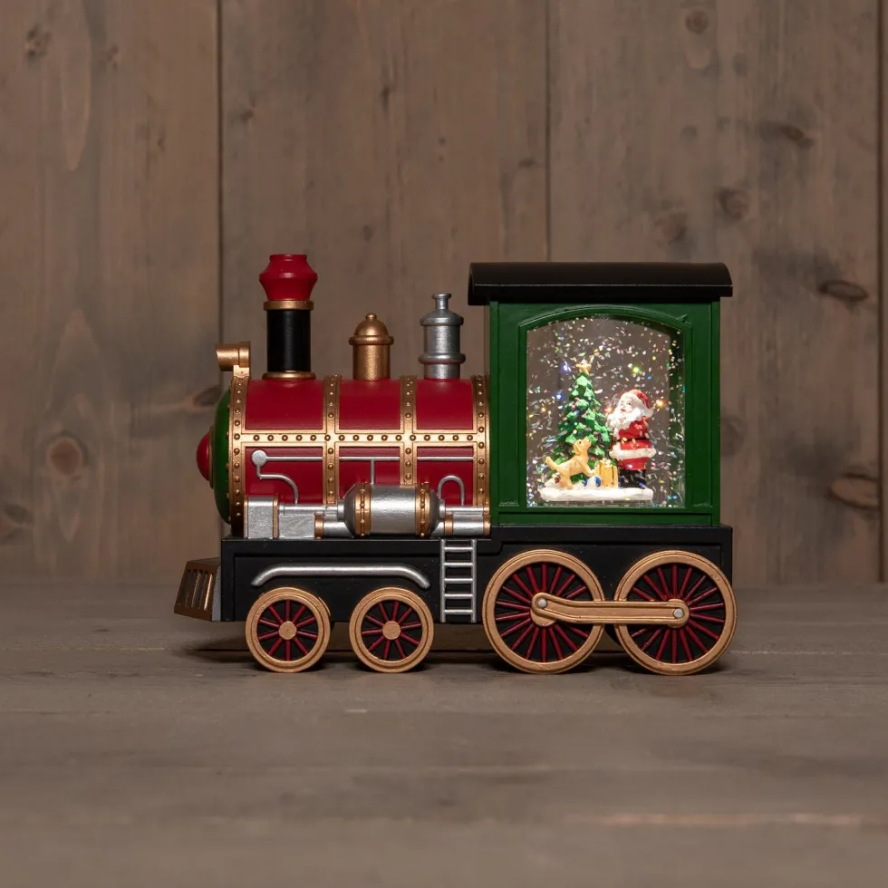 Anna's Collection automatische sneeuwbol trein rood / groen met verlichting 16,7 x 22 x 9,8 cm