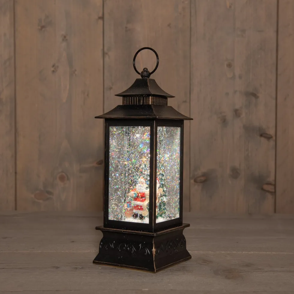 Anna's Collection automatische sneeuwbol lantaarn kerstman zwart met verlichting 15 x 15 x 29 cm