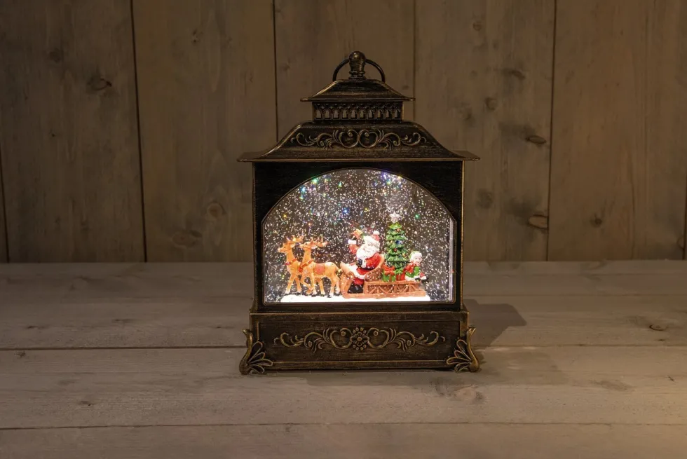 Anna's Collection automatische sneeuwbol lantaarn kerstman bruin met verlichting 22 x 8 x 29 cm