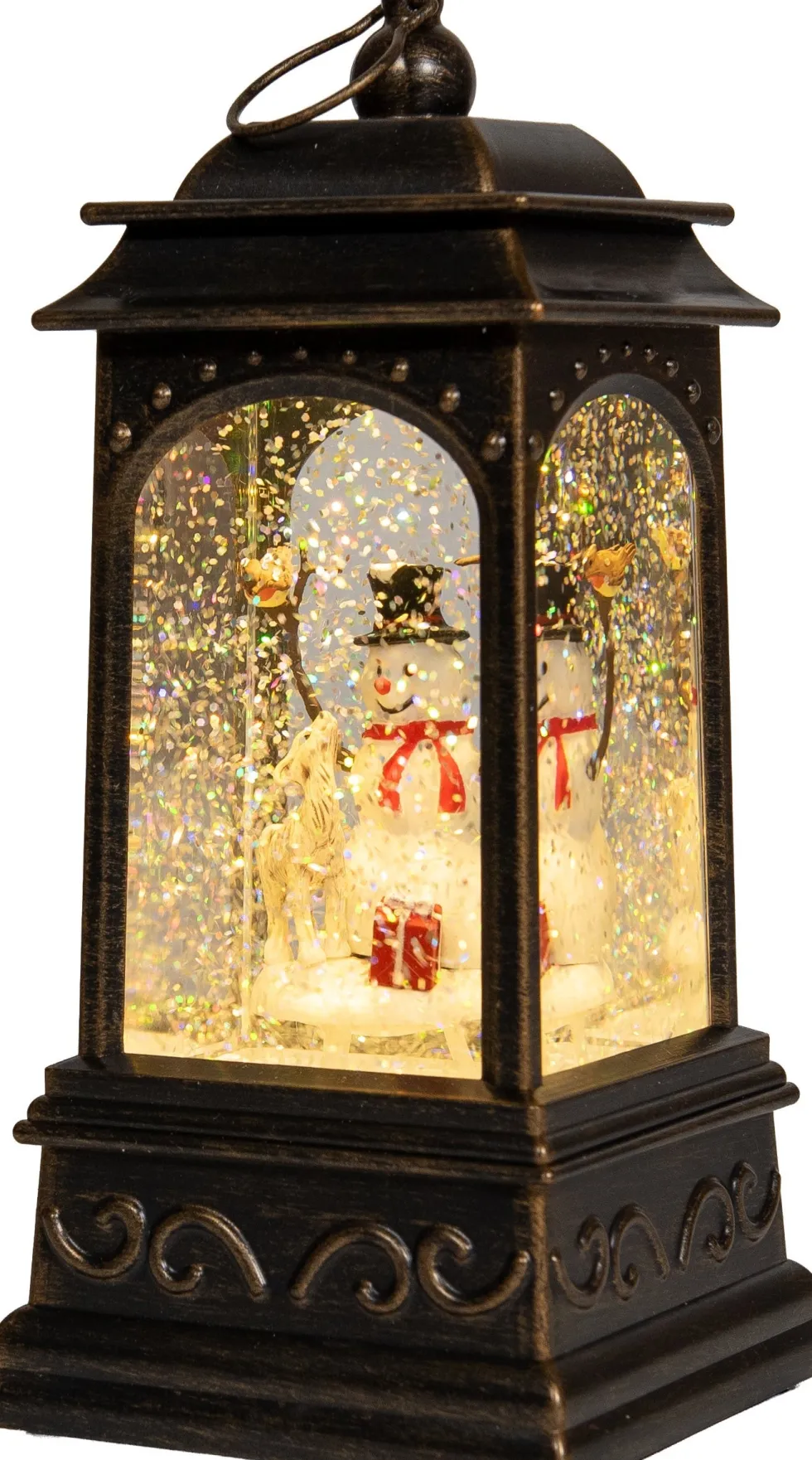Anna's Collection automatische sneeuwbol lantaarn sneeuwpop bruin met verlichting 13 x 13 x 25,5 cm