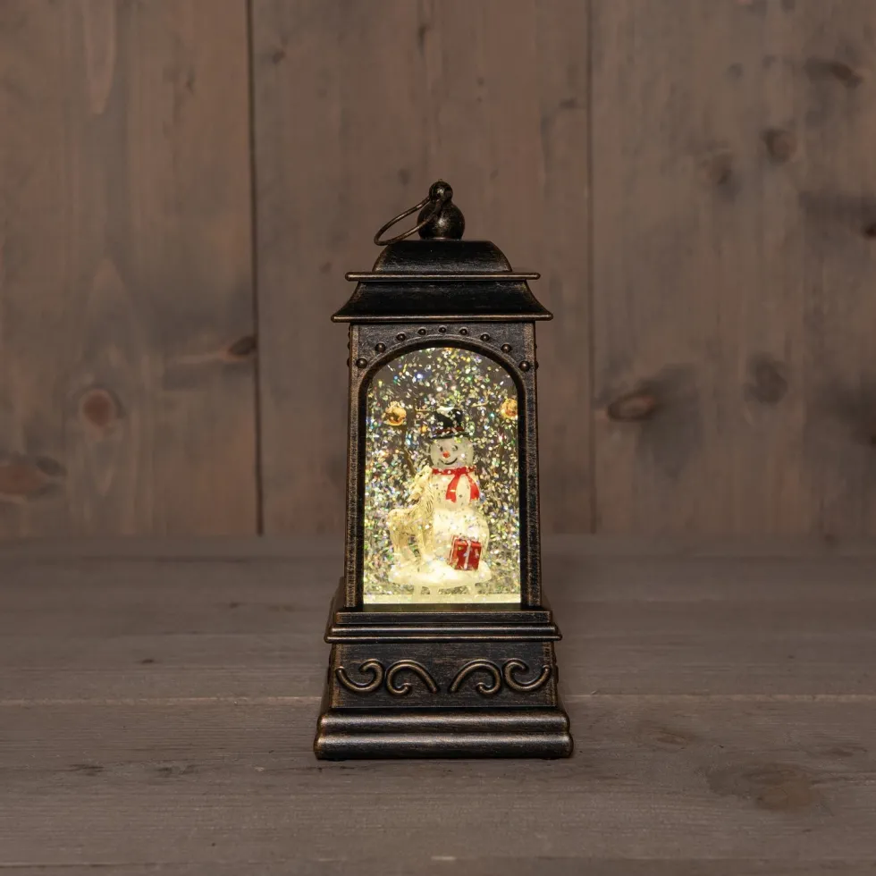 Anna's Collection automatische sneeuwbol lantaarn sneeuwpop bruin met verlichting 13 x 13 x 25,5 cm