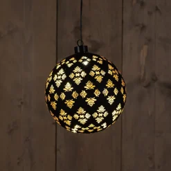 Anna's Collection kerstbal Jani blad zwart met verlichting D 15 cm