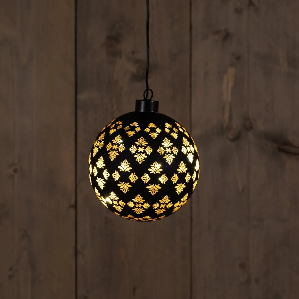 Anna's Collection kerstbal Jani blad zwart met verlichting D 12 cm