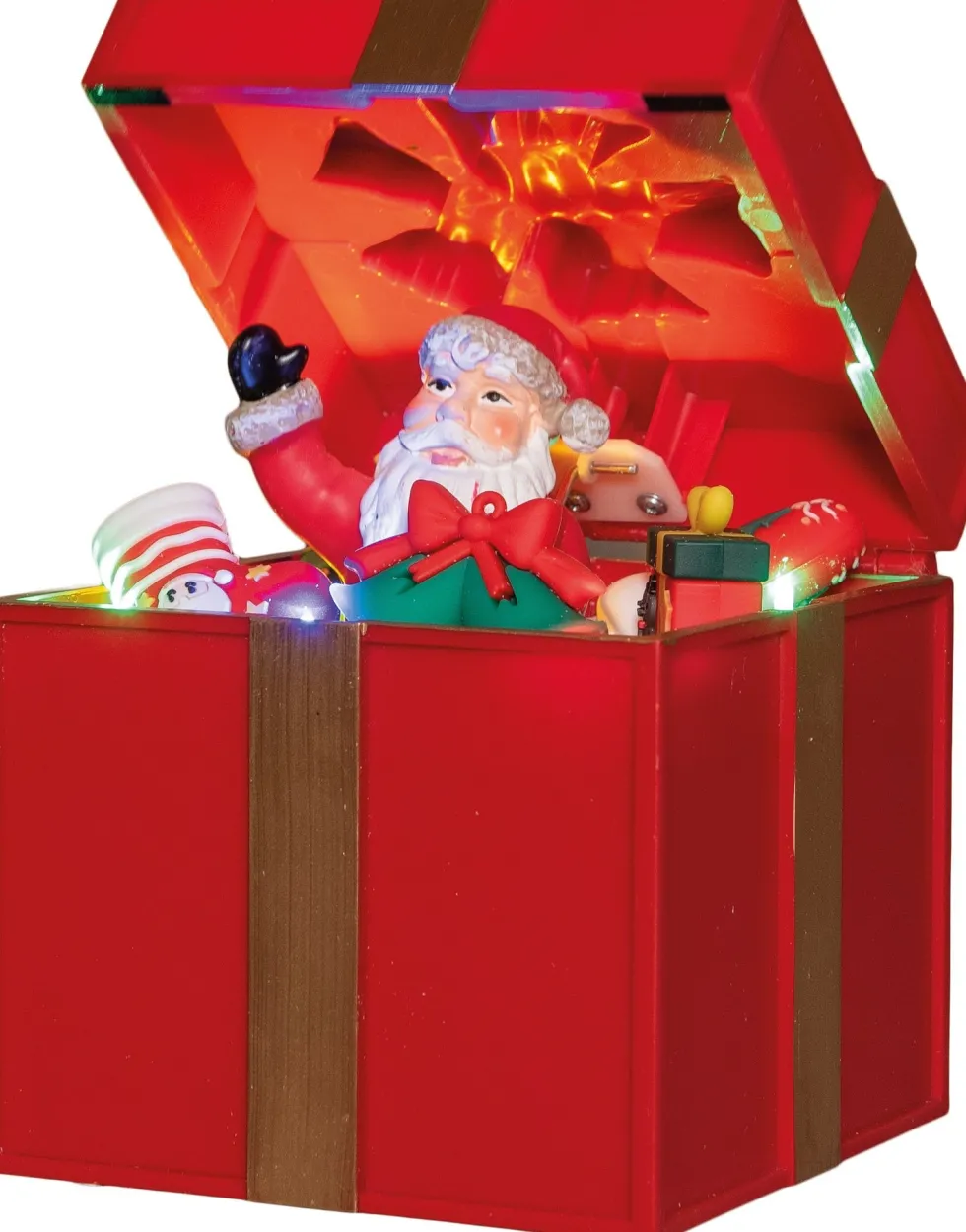 Anna's Collection kerstfiguur kerstman in cadeau rood met verlichting 20 x 20 x 20 cm