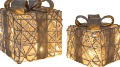 Anna's Collection kerstfiguur cadeau naturel met verlichting20 x 20 x 23 cm 2 stuks