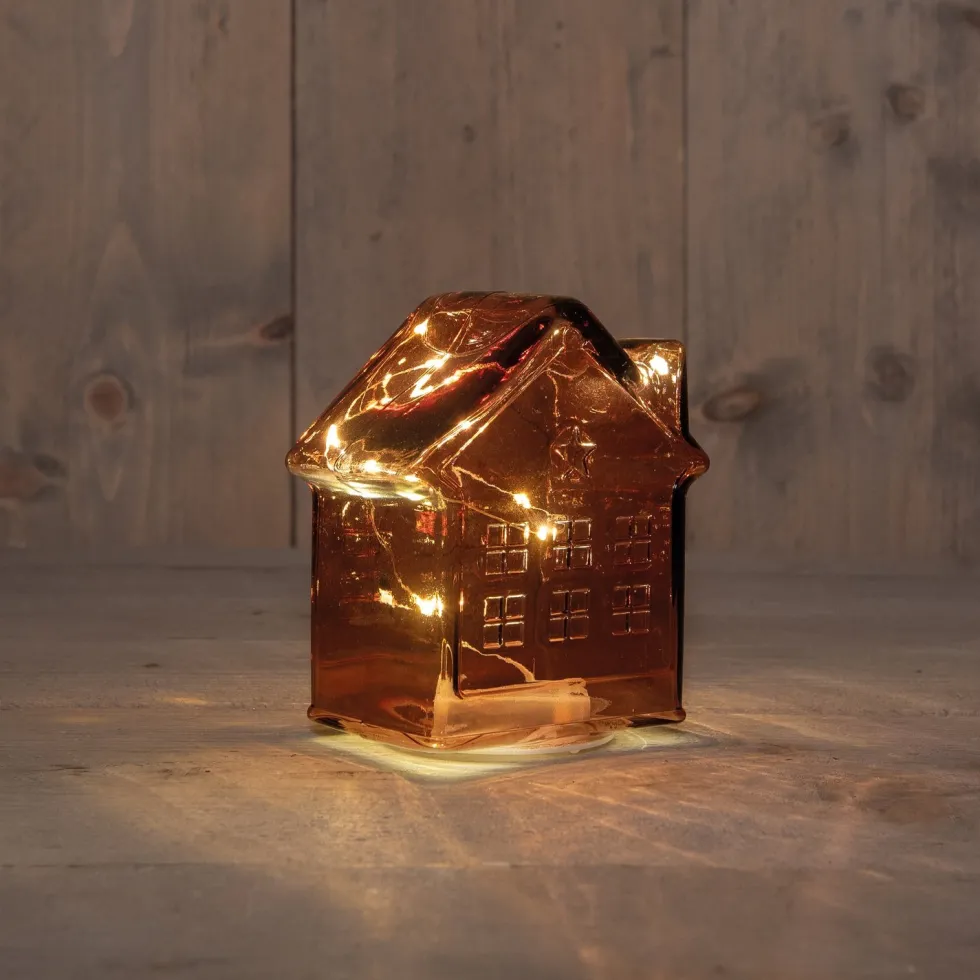 Anna's Collection kerstfiguur huisje bordeaux met verlichting 12 x 12 x 14 cm