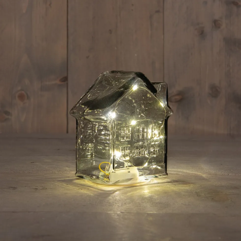Anna's Collection kerstfiguur huisje grijs met verlichting 12 x 12 x 14 cm