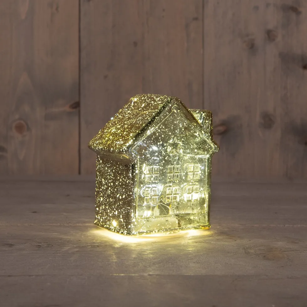 Anna's Collection kerstfiguur huisje goud met verlichting 12 x 12 x 14 cm