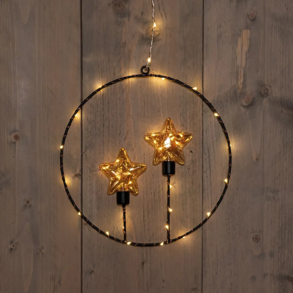 Anna's Collection kersthanger cirkel sterren zwart met verlichting 28 x 29 cm