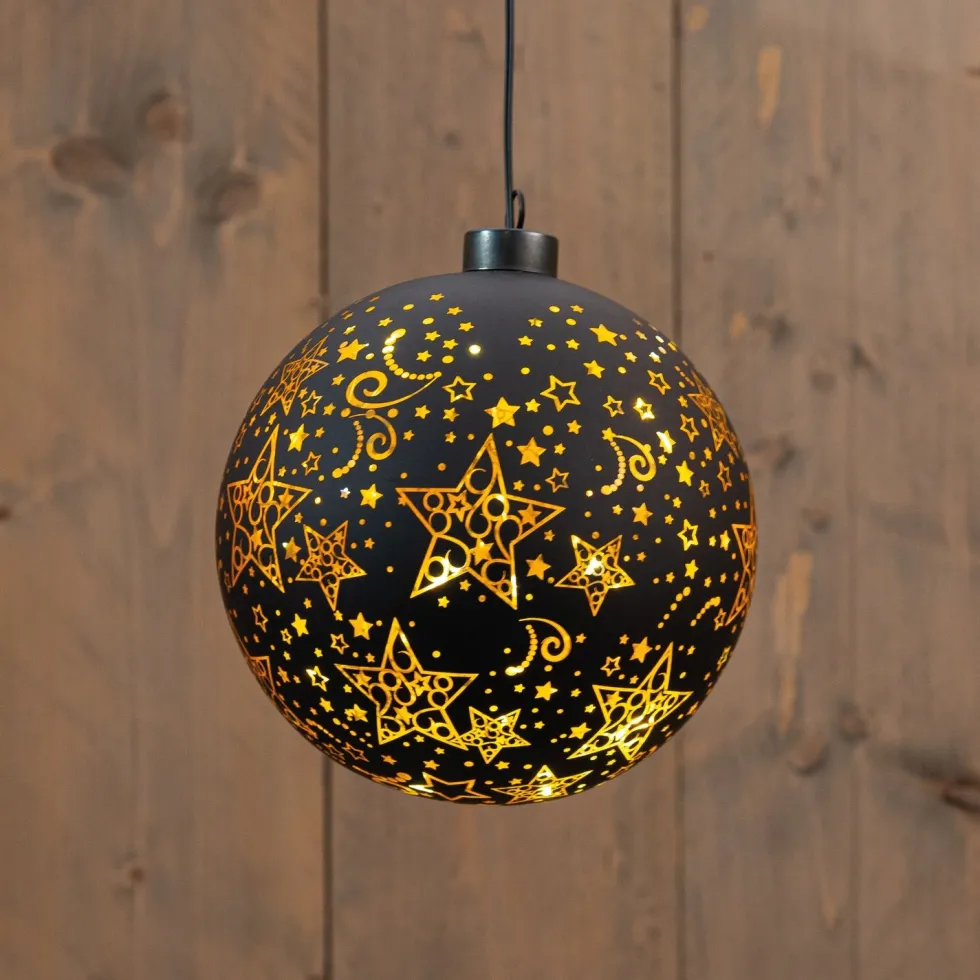 Anna's Collection kersthanger Stars bal zwart met verlichting D 15 cm