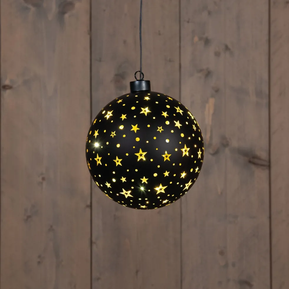 Anna's Collection kersthanger Cosma bal sterren zwart met verlichting D 15 cm