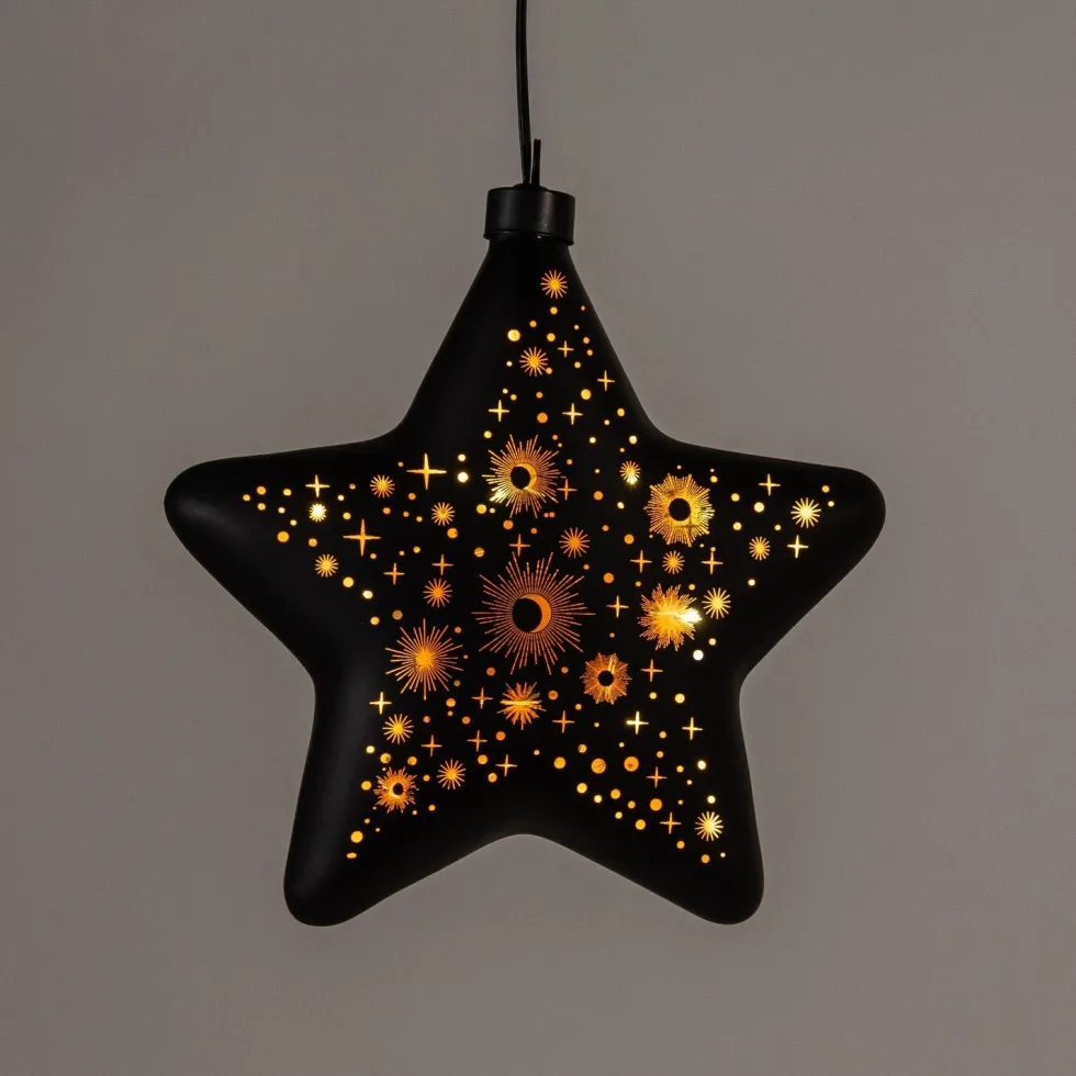 Anna's Collection kerst ornament Kosmos ster zwart met verlichting 19 x 19 cm