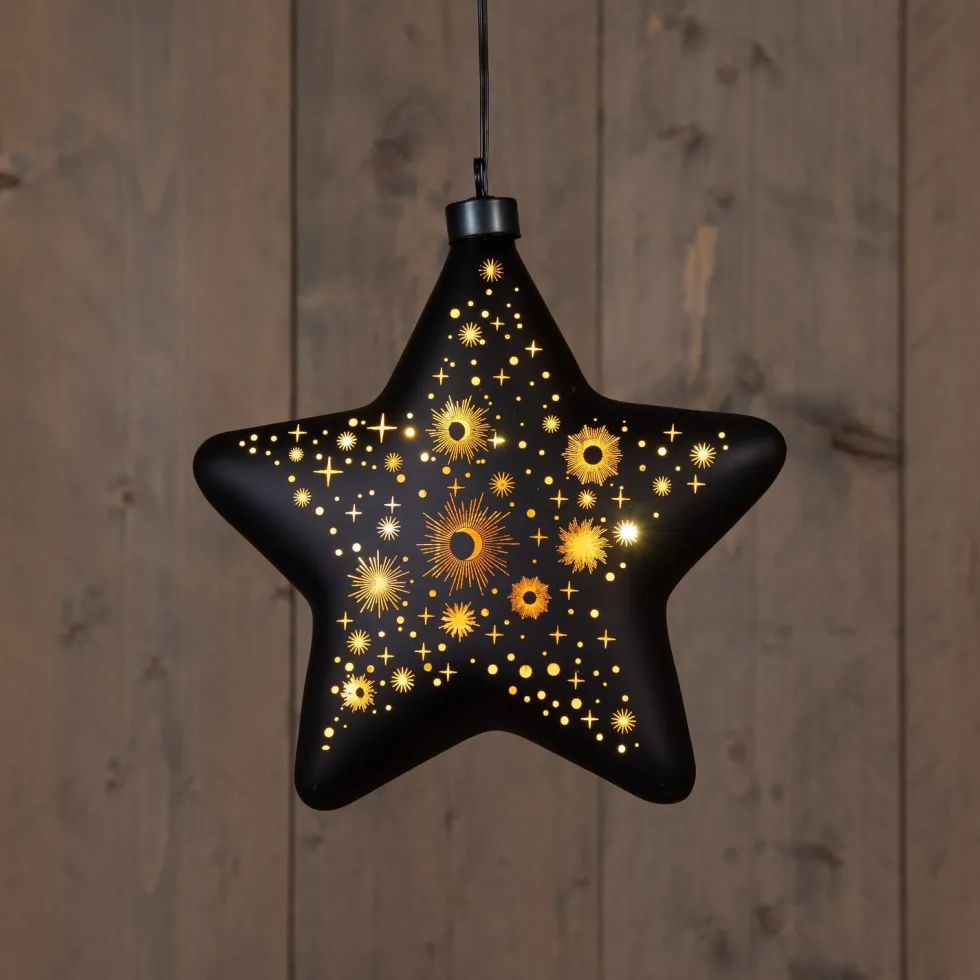 Anna's Collection kerst ornament Kosmos ster zwart met verlichting 19 x 19 cm