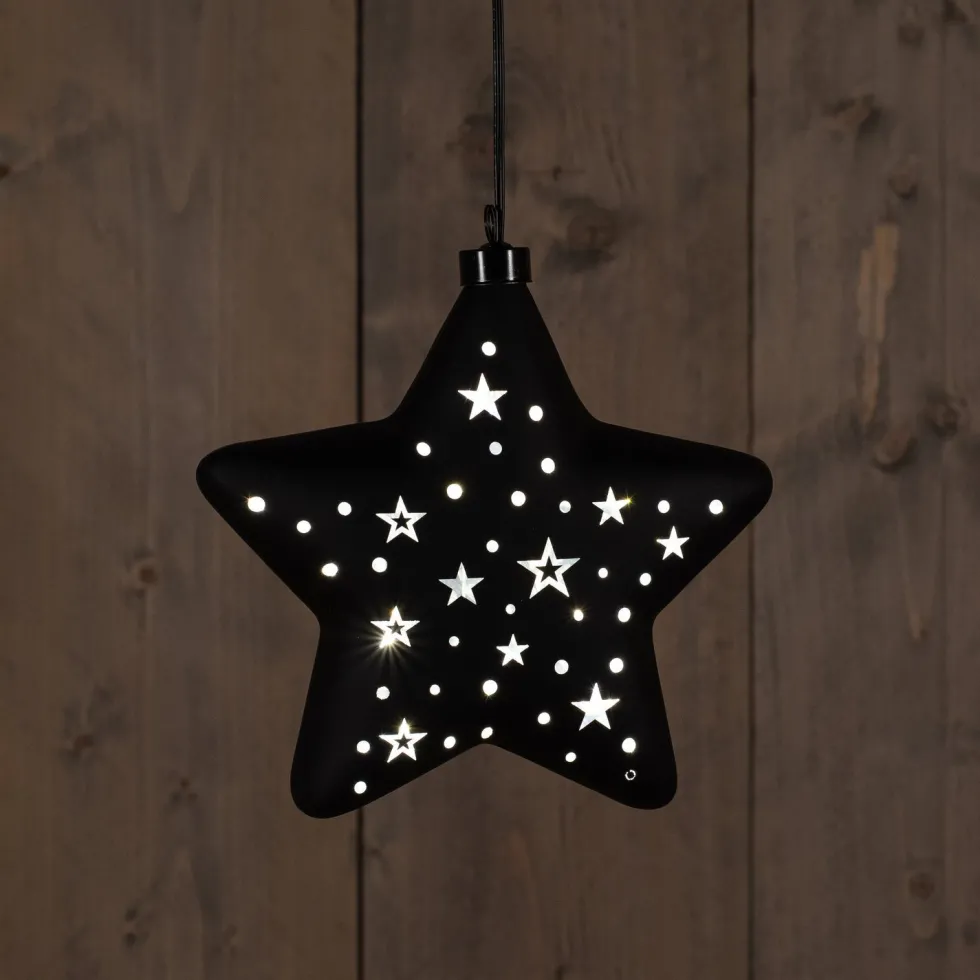 Anna's Collection kerst ornament ster zwart met verlichting 19 x 19 cm