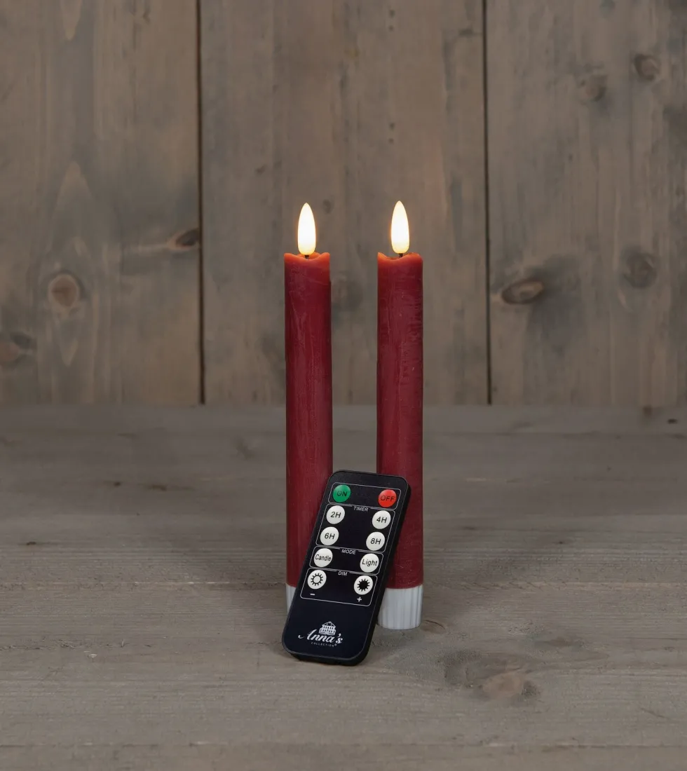 Anna's Collection LED dinerkaars Rustiek met timer bordeaux D 2,1 H 18 cm 2 stuks