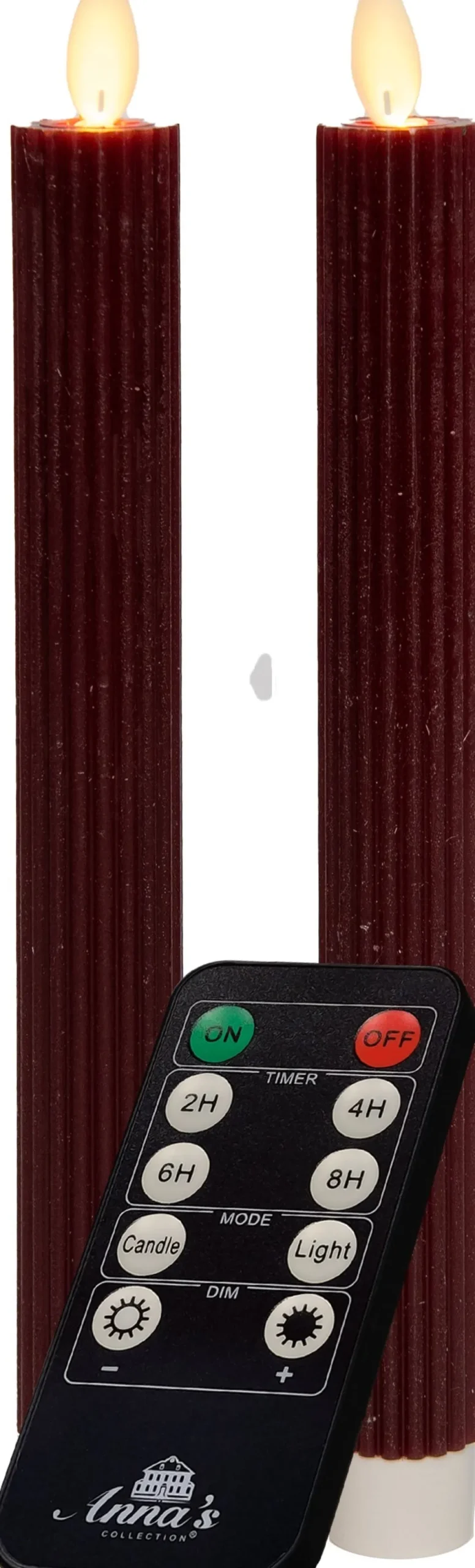 Anna's Collection LED dinerkaars Rib bewegende vlam met timer bordeaux D 2,2 H 23 cm 2 stuks
