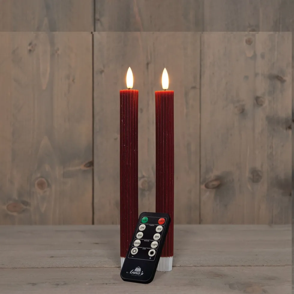 Anna's Collection LED dinerkaars Rib met timer bordeaux D 2,1 H 23 cm 2 stuks