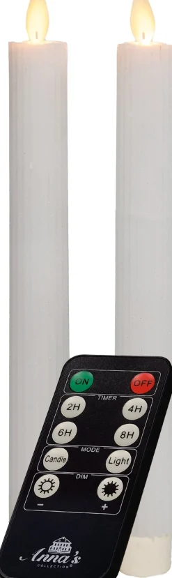 Anna's Collection LED dinerkaars Rib bewegende vlam met timer wit D 2,2 H 23 cm 2 stuks