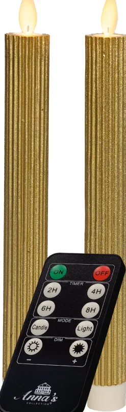 Anna's Collection LED dinerkaars Rib bewegende vlam met timer goud D 2,2 H 23 cm 2 stuks