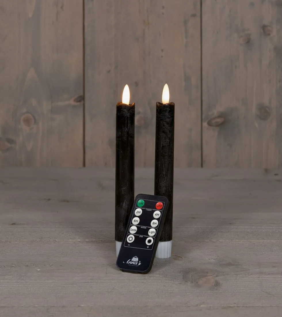 Anna's Collection LED dinerkaars Rustiek met timer zwart D 2,1 H 18 cm 2 stuks