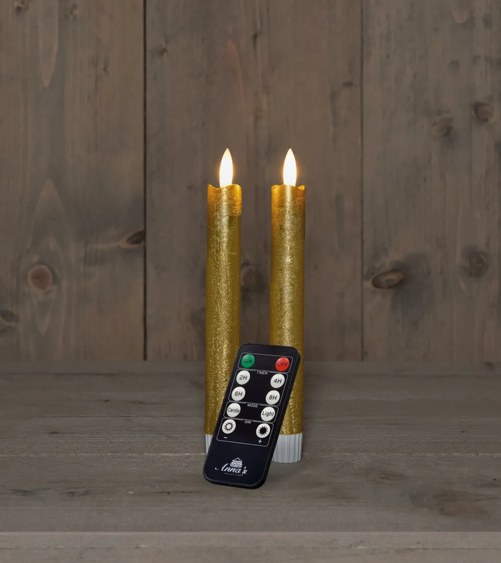 Anna's Collection LED dinerkaars Rustiek met timer goud D 2,1 H 18 cm 2 stuks