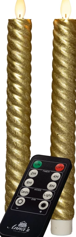 Anna's Collection LED dinerkaars Swirl bewegende vlam met timer goud D 2,2 H 23 cm 2 stuks
