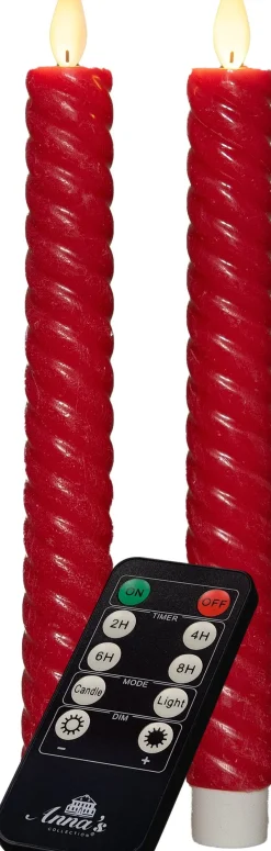Anna's Collection LED dinerkaars Swirl bewegende vlam met timer rood D 2,2 H 23 cm 2 stuks