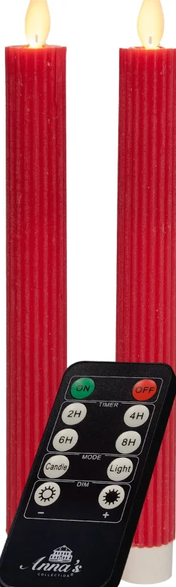 Anna's Collection LED dinerkaars Rib bewegende vlam met timer rood D 2,2 H 23 cm 2 stuks