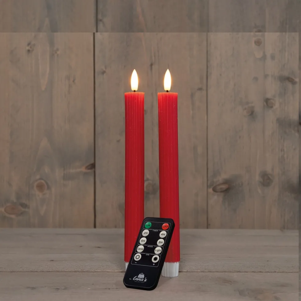 Anna's Collection LED dinerkaars Rib met timer rood D 2,1 H 23 cm 2 stuks