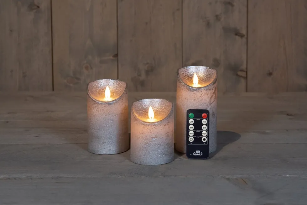 Anna's Collection LED stompkaars Rustiek zilver D 7,5 H 10 / 12,5 / 15 cm 3 stuks