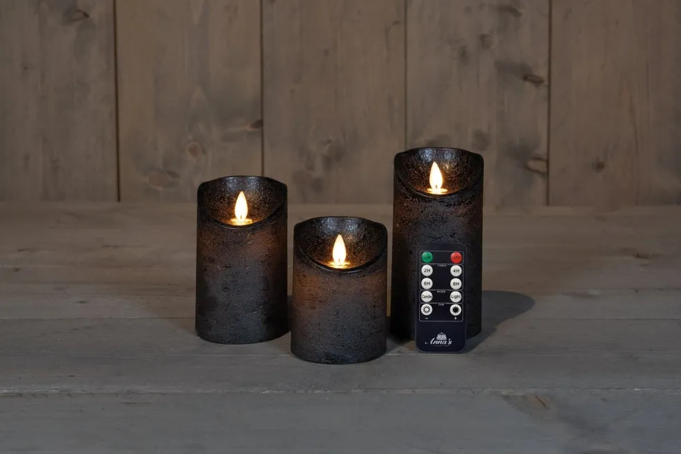 Anna's Collection LED stompkaars Rustiek antraciet D 7,5 H 10 / 12,5 / 15 cm 3 stuks