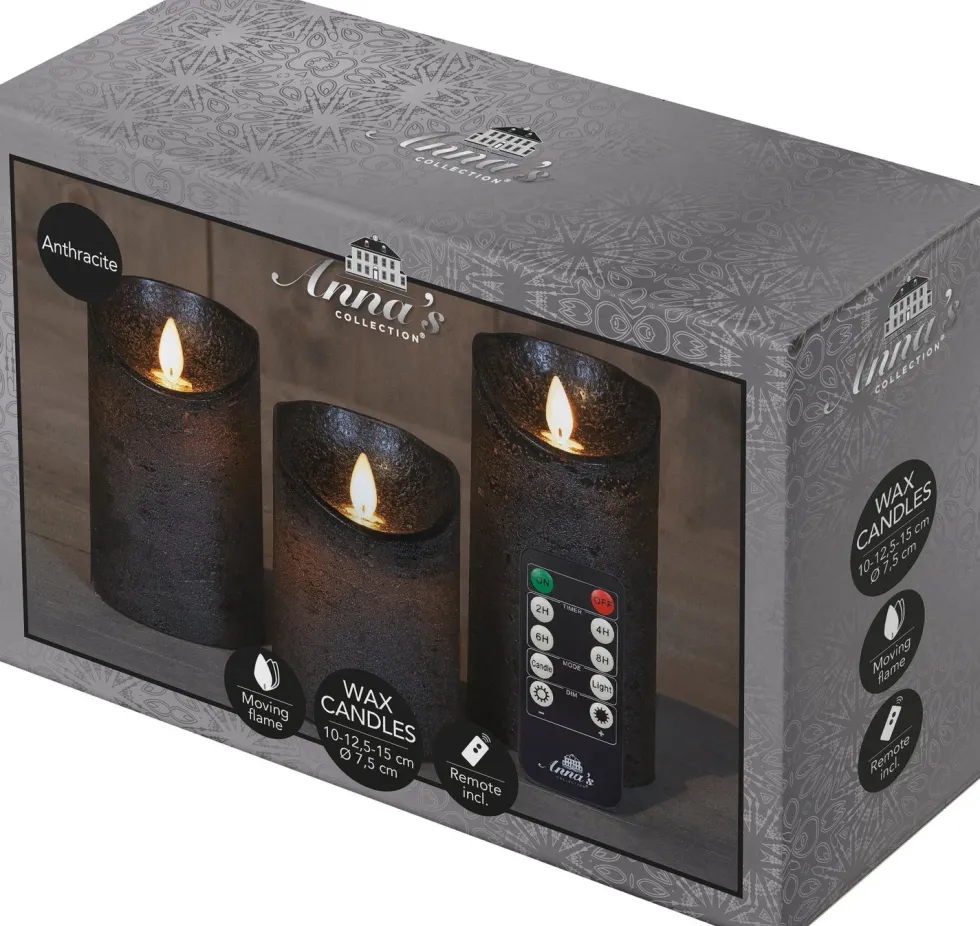 Anna's Collection LED stompkaars Rustiek antraciet D 7,5 H 10 / 12,5 / 15 cm 3 stuks