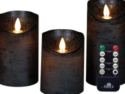 Anna's Collection LED stompkaars Rustiek antraciet D 7,5 H 10 / 12,5 / 15 cm 3 stuks