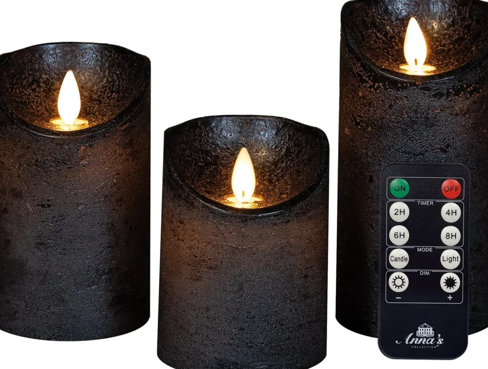 Anna's Collection LED stompkaars Rustiek antraciet D 7,5 H 10 / 12,5 / 15 cm 3 stuks