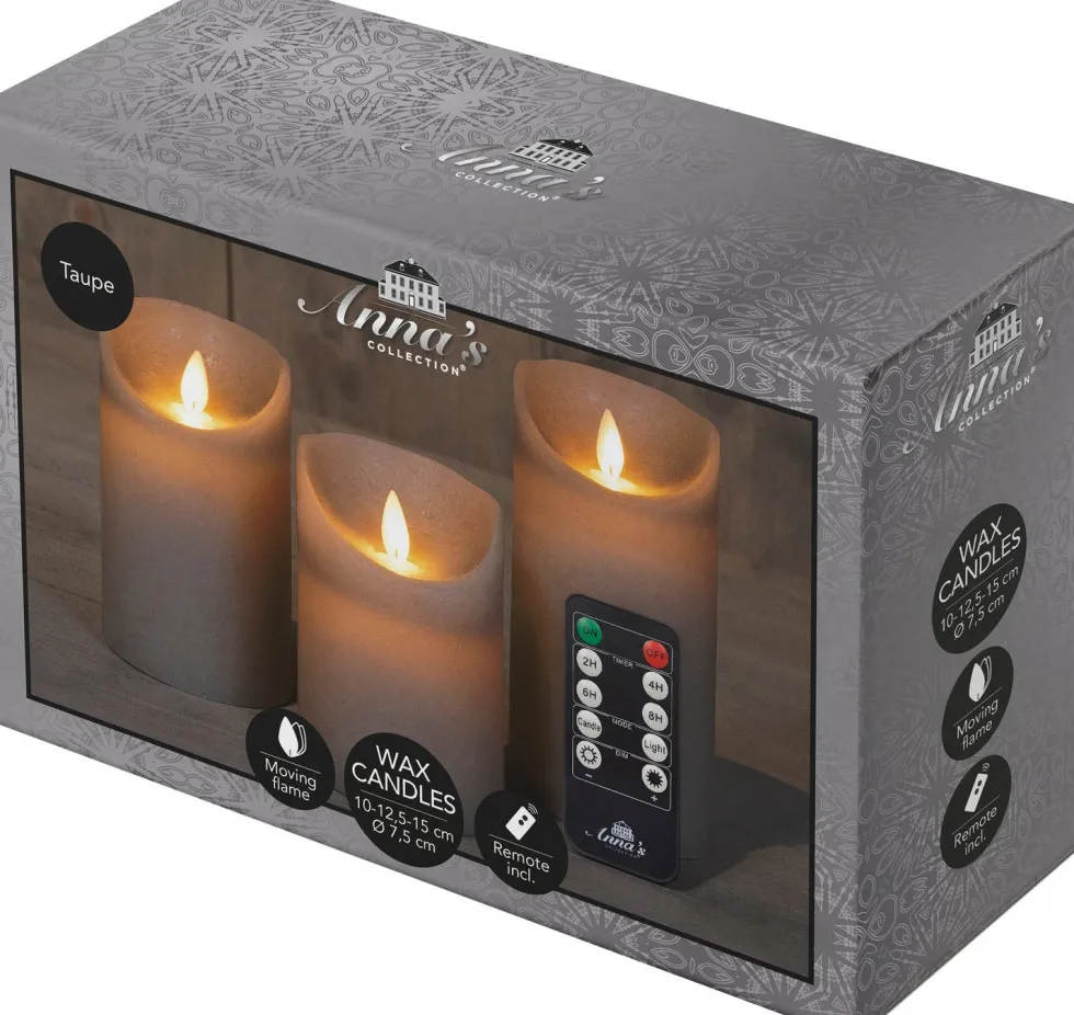Anna's Collection LED stompkaars Rustiek taupe D 7,5 H 10 / 12,5 / 15 cm 3 stuks