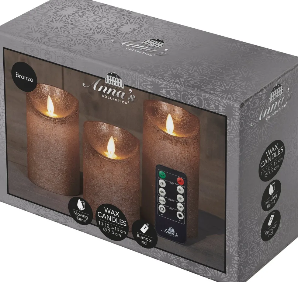 Anna's Collection LED stompkaars met timer brons D 7,5 H 10 / 12,5 / 15 cm 3 stuks