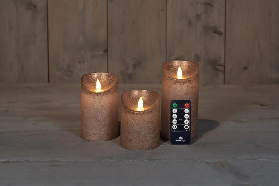 Anna's Collection LED stompkaars met timer brons D 7,5 H 10 / 12,5 / 15 cm 3 stuks