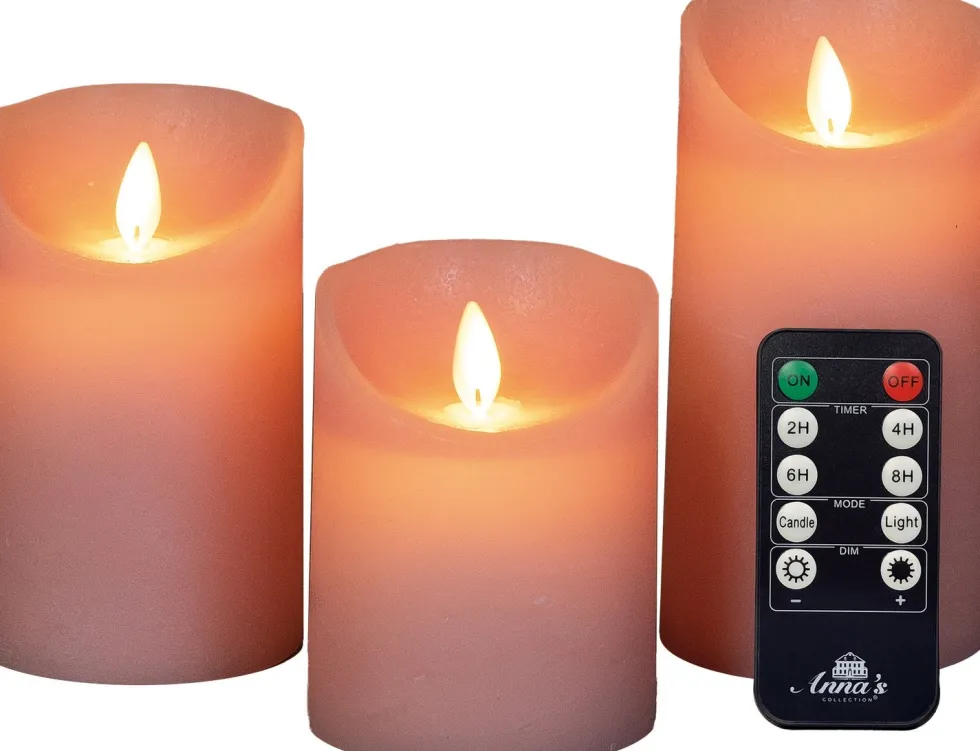 Anna's Collection LED stompkaars Rustiek roze D 7,5 H 10 / 12,5 / 15 cm 3 stuks