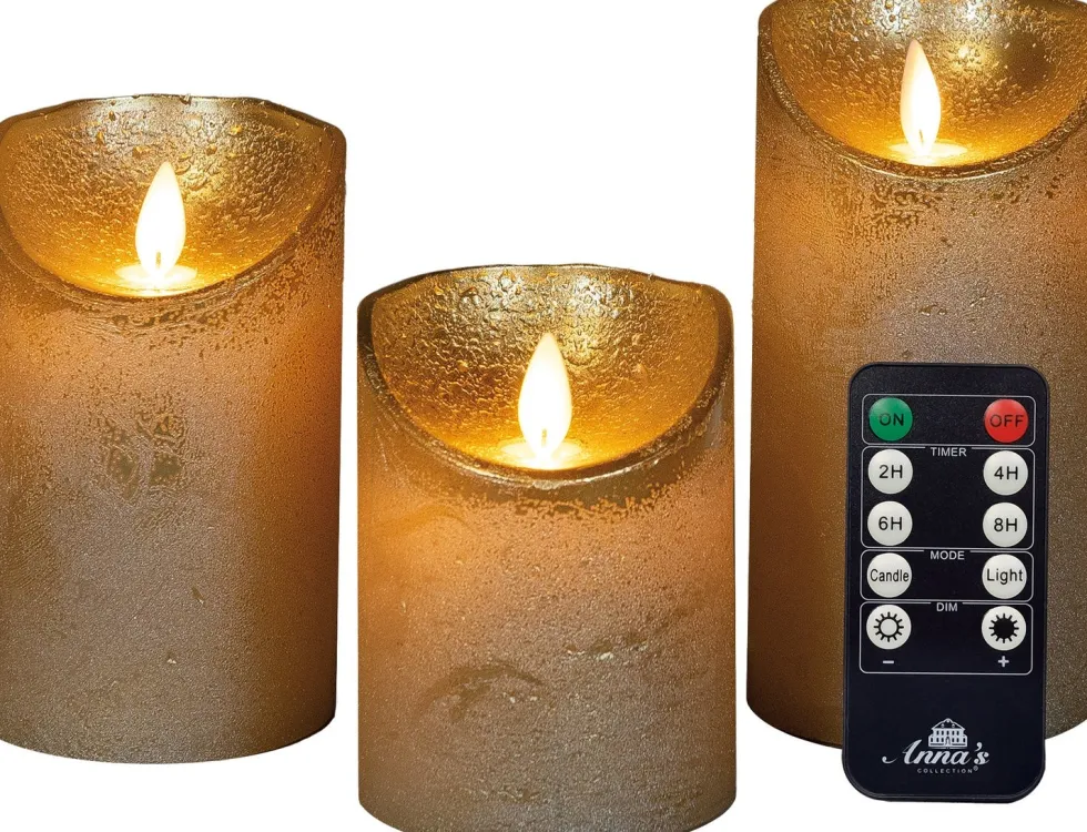 Anna's Collection LED stompkaars Rustiek goud D 7,5 H 10 / 12,5 / 15 cm 3 stuks