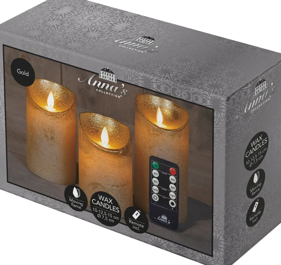 Anna's Collection LED stompkaars Rustiek goud D 7,5 H 10 / 12,5 / 15 cm 3 stuks