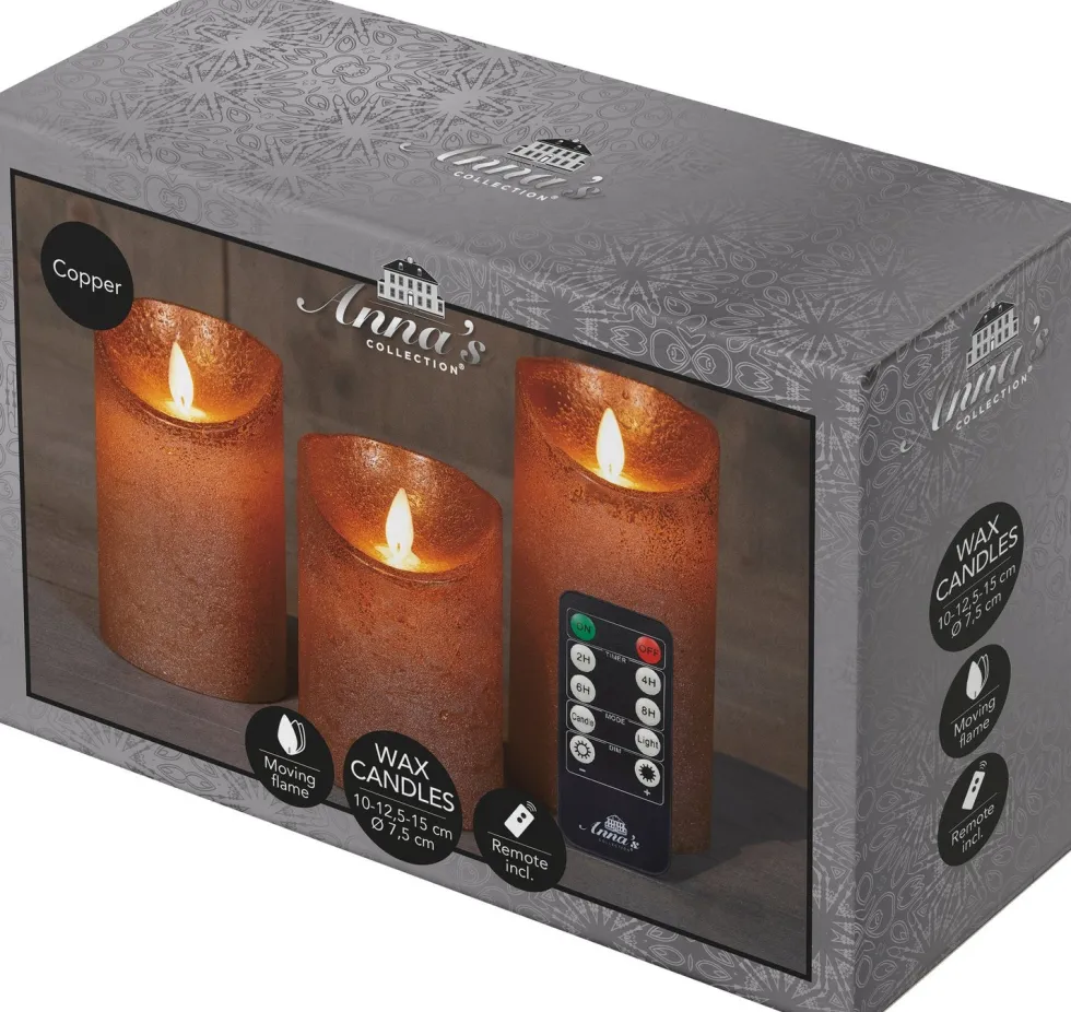 Anna's Collection LED stompkaars Rustiek koper D 7,5 H 10 / 12,5 / 15 cm 3 stuks
