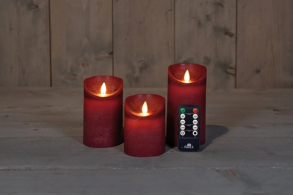 Anna's Collection LED stompkaars Rustiek donkerrood D 7,5 H 10 / 12,5 / 15 cm 3 stuks