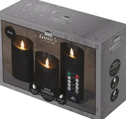 Anna's Collection LED stompkaars Rustiek zwart D 7,5 H 10 / 12, 5 / 15 cm 3 stuks