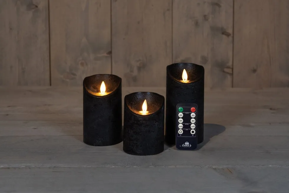 Anna's Collection LED stompkaars Rustiek zwart D 7,5 H 10 / 12, 5 / 15 cm 3 stuks
