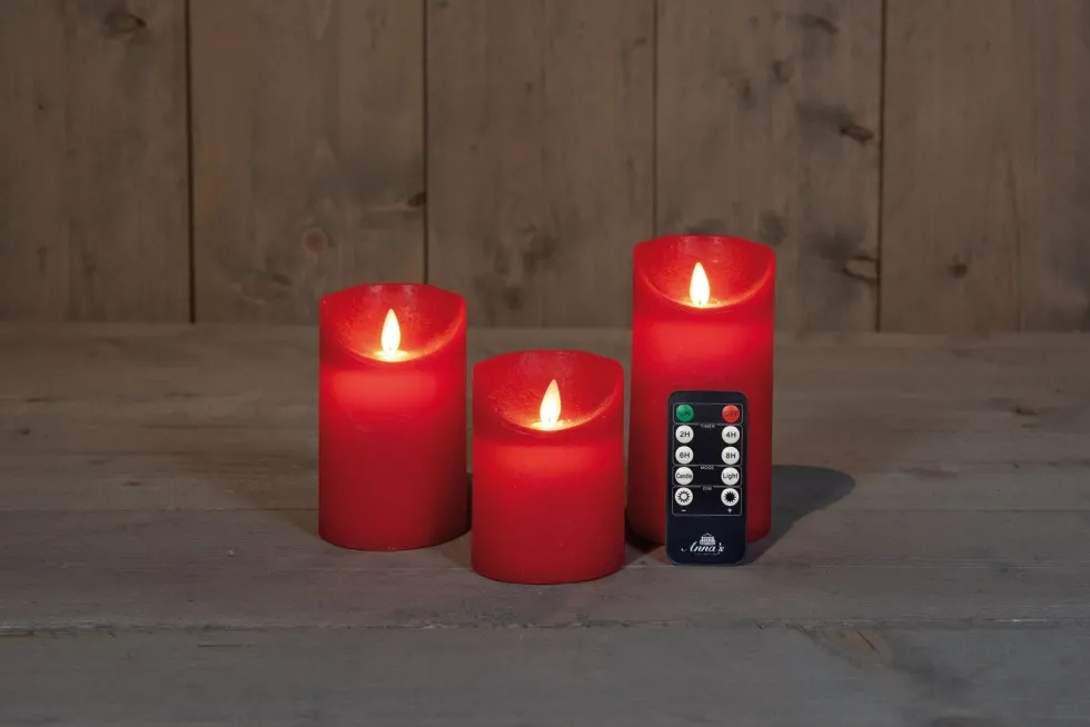 Anna's Collection LED stompkaars Rustiek rood D 7,5 H 10 / 12,5 / 15 cm 3 stuks